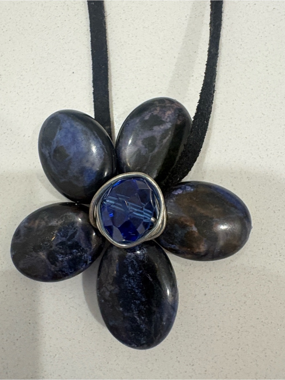 Elegant Labradorite  Stone Floral Pendant Necklace with Blue crystal center.